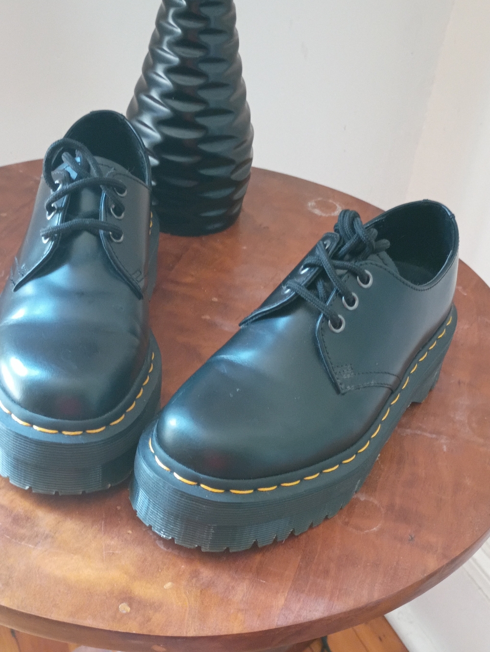 Dr Martens 1461 Bex Black Platform Lace-Up Shoes with Yellow Stitching